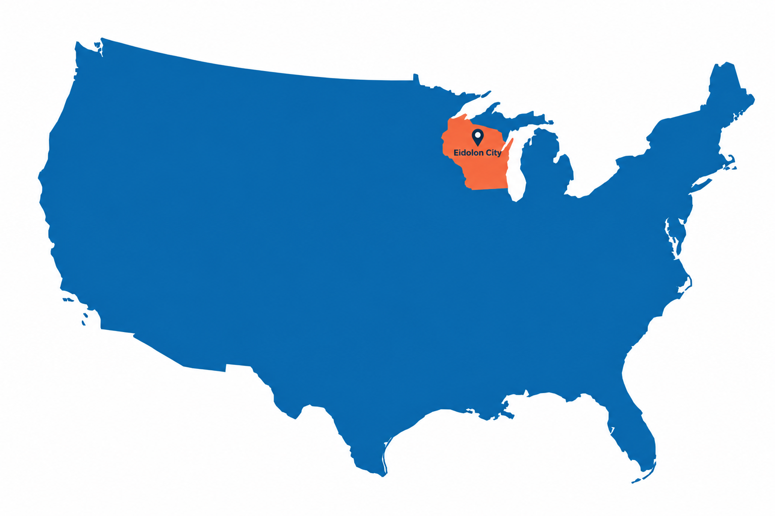 Mapa de Estados Unidos con Wisconsin resaltado y un marcador que indica la ubicación de Eidolon City.