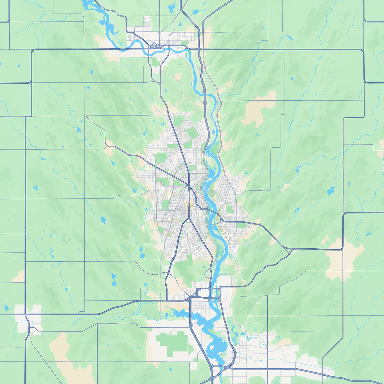 Mapa esquemático del valle de Eidolon City: trama urbana, río Wisconsin, carreteras y áreas boscosas.